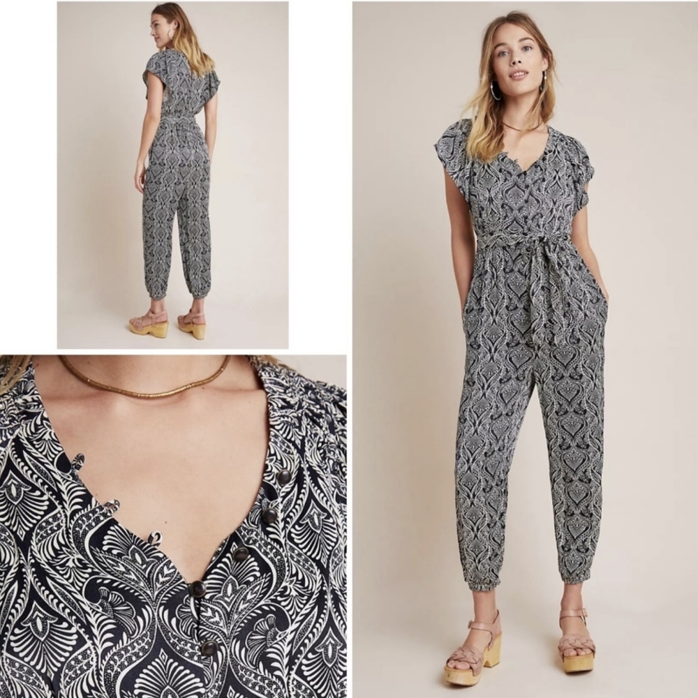 NWT Anthropologie Paisley Jumpsuit Tie Waist White Black Size 14